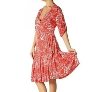 Diane Von Furstenberg Silk Coral Tropical Wrap Midi Dress with Dolman Sleeves